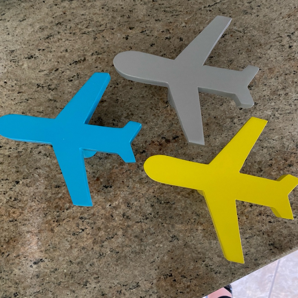 Land Of Nod Crate & Barrel HTF Airplane Wooden Wall Hooks Blue Yellow Grey Decor